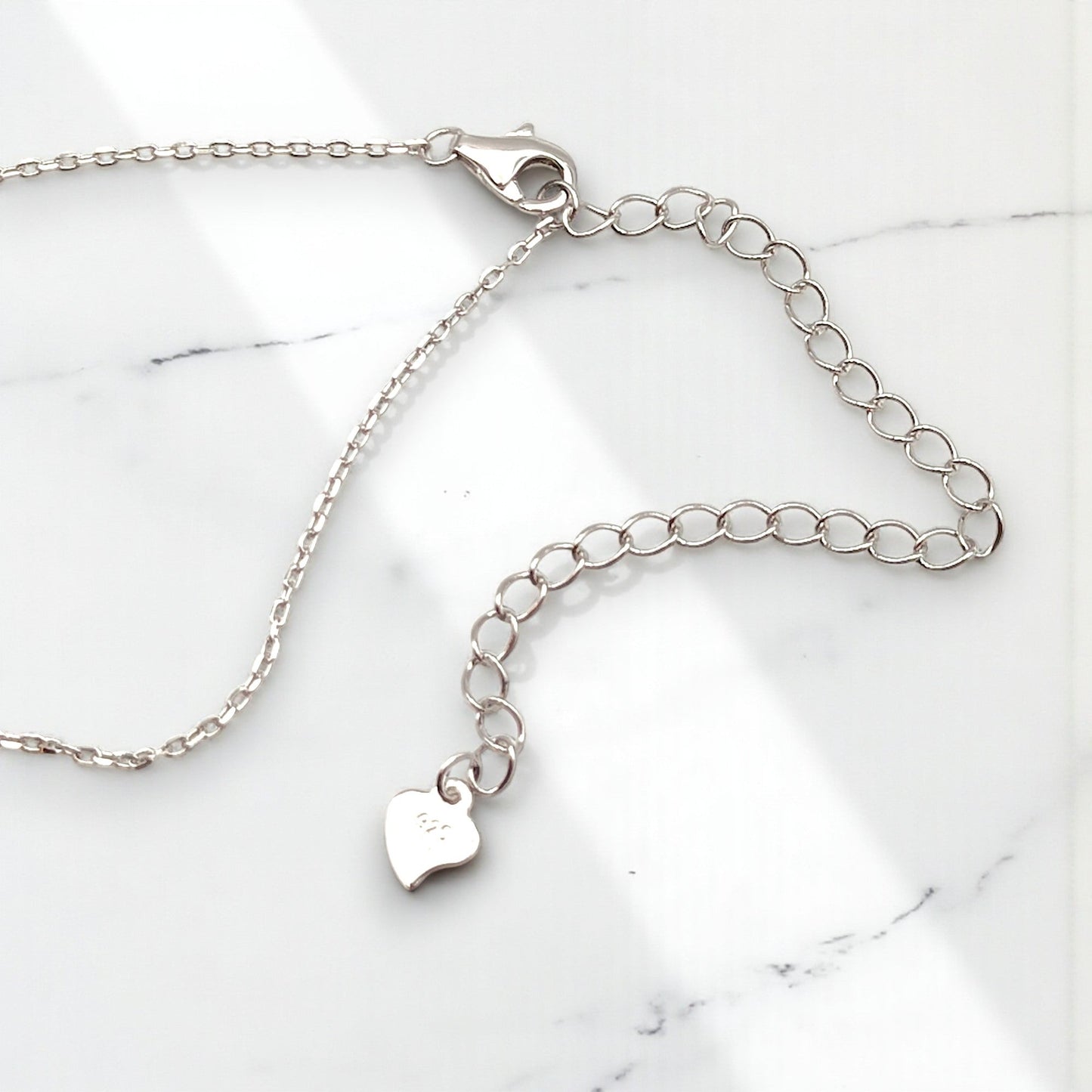 Close-up of CHOE sterling silver chain with lobster clasp