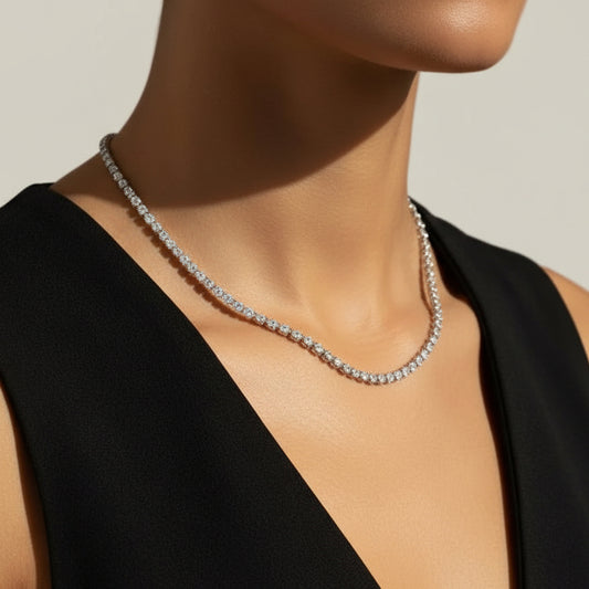 Silver tennis moissanite on a woman