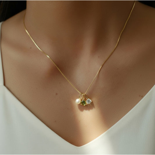 FYB birthstone necklace on model - close up shot