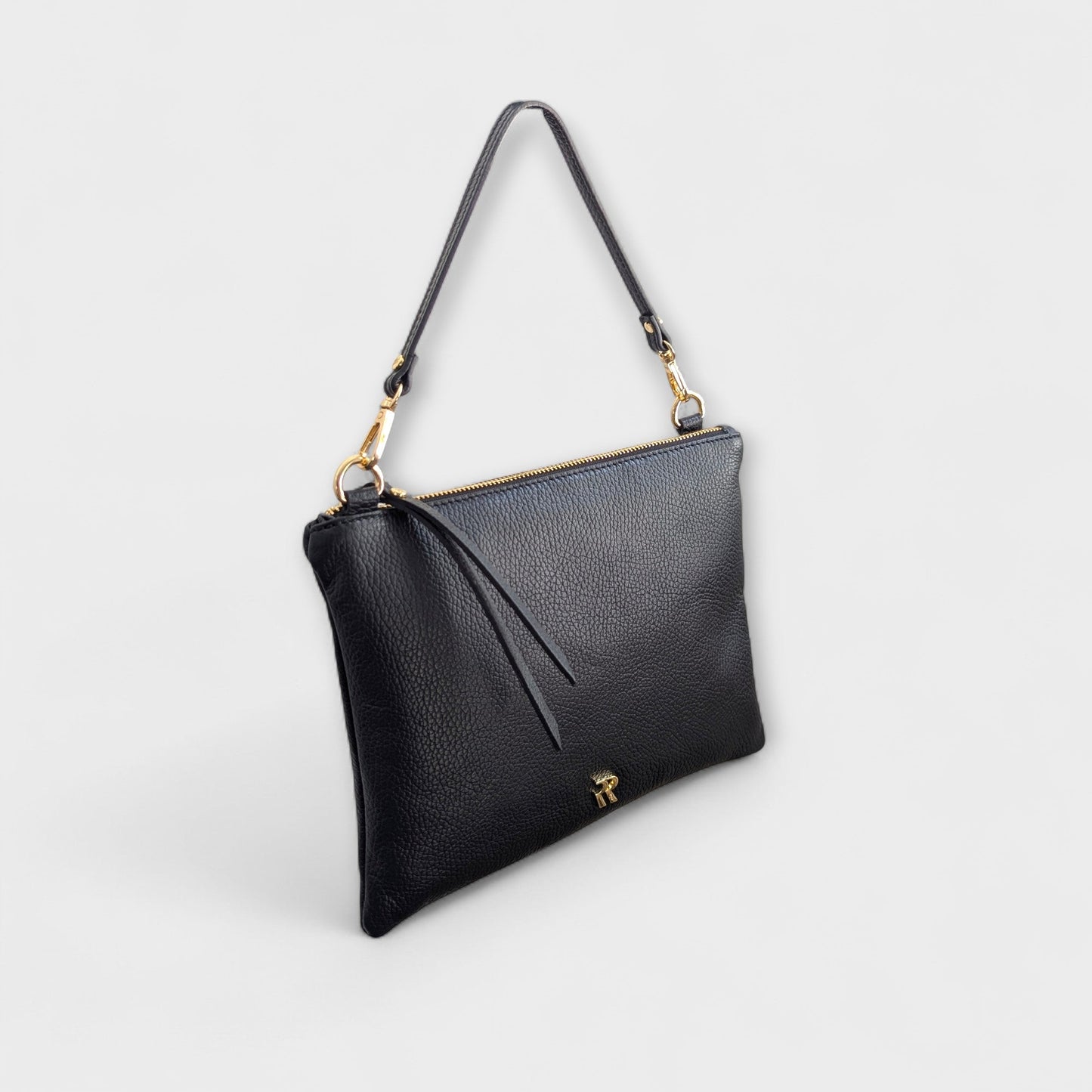 Rossi black pouch with short leather strap on a light gray background