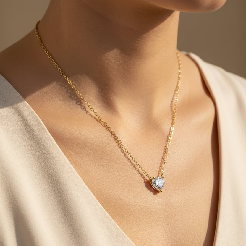 Heart shaped diamond pendant necklace on a model