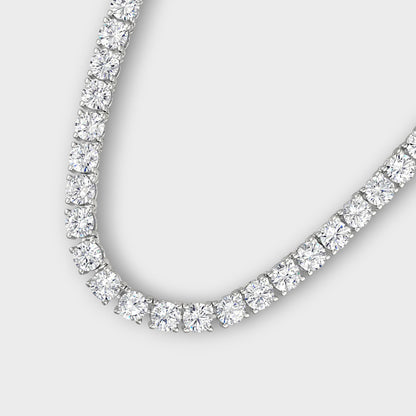 Close-up of CHOE tennis necklace with round four prong setting in sterling silver