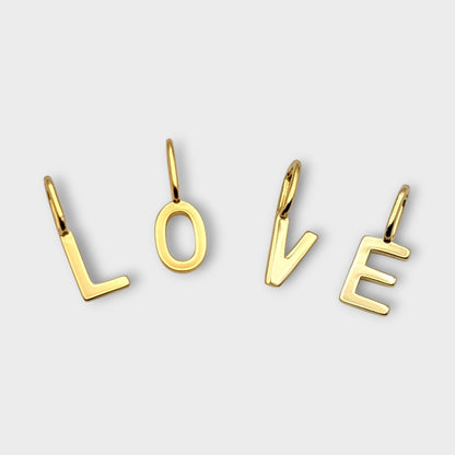 FYB initial charms spelling 'LOVE' on a light gray background