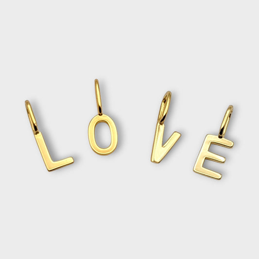 FYB initial charms spelling 'LOVE' on a light gray background