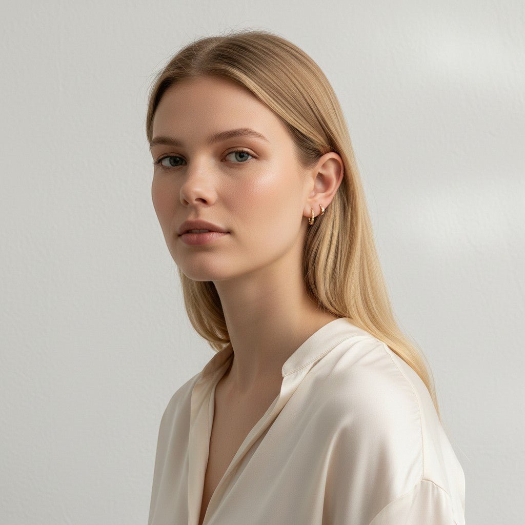 IRLÔH gold plated sterling silver huggie hoop earrings with cubic zirconia stones, worn by a blonde model.