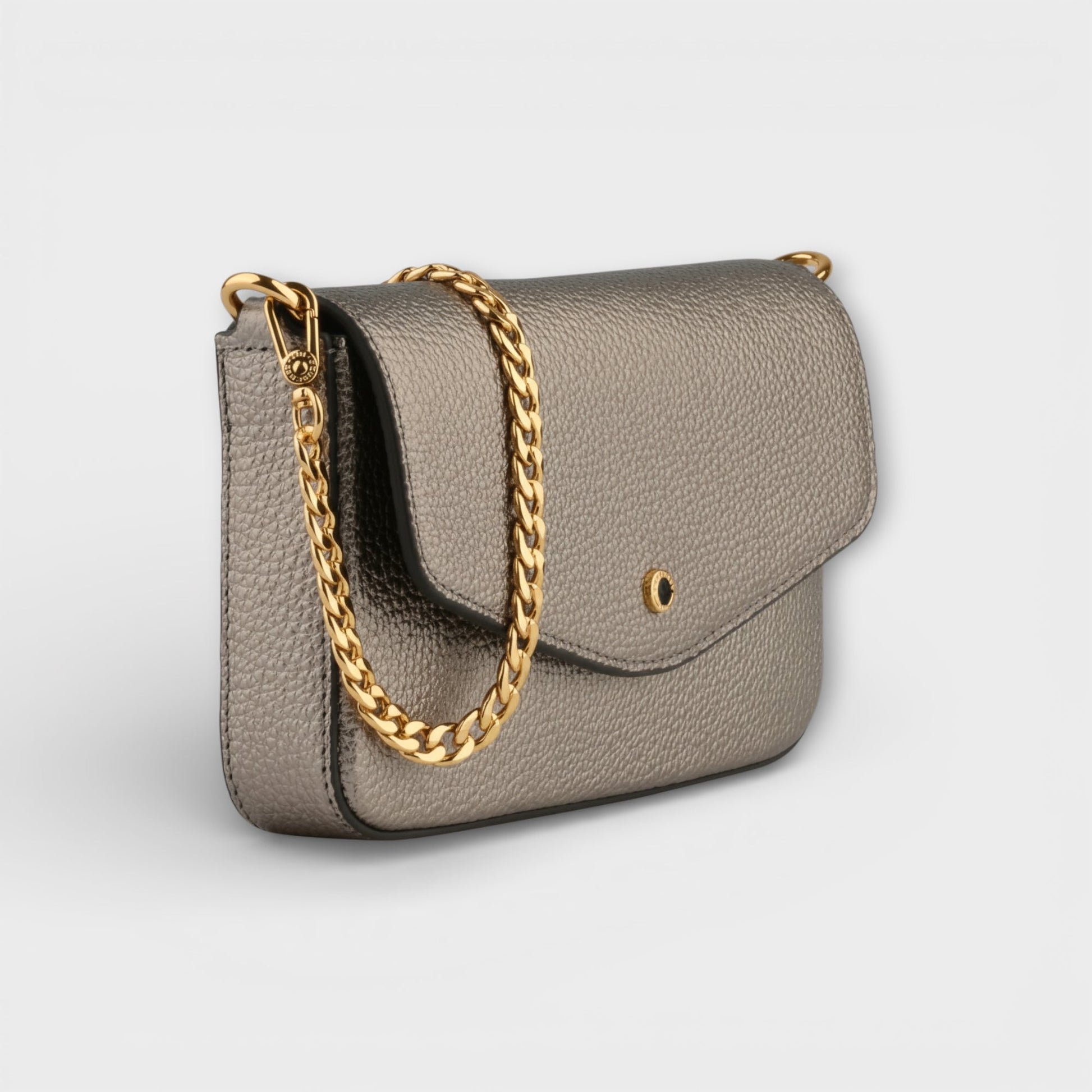 Pourchet Club gunmetal leather clutch with gold chain should strap, angle side view shot.