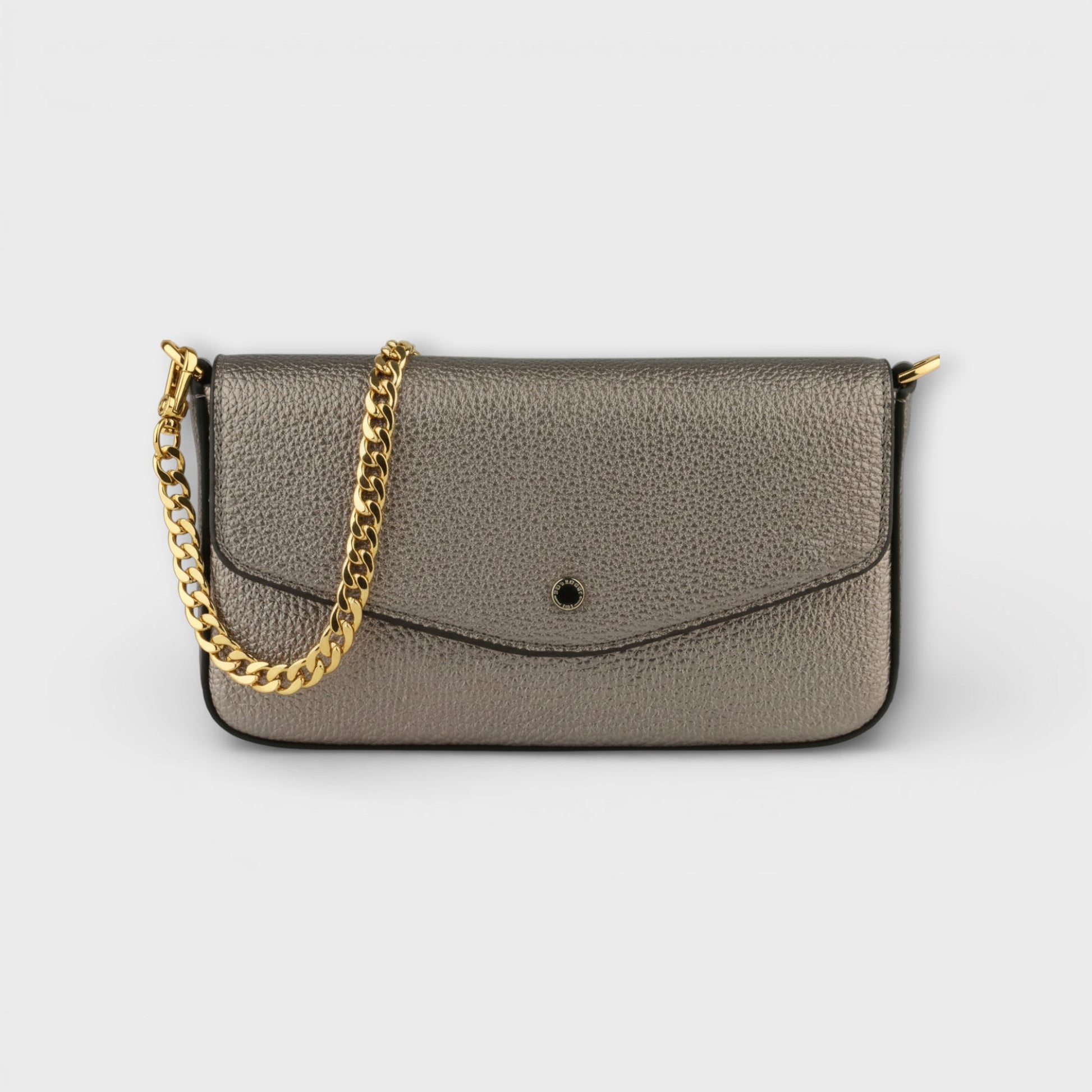 Pourchet Club gunmetal clutch bag in textured leather Gray with a gold chain on a light gray background