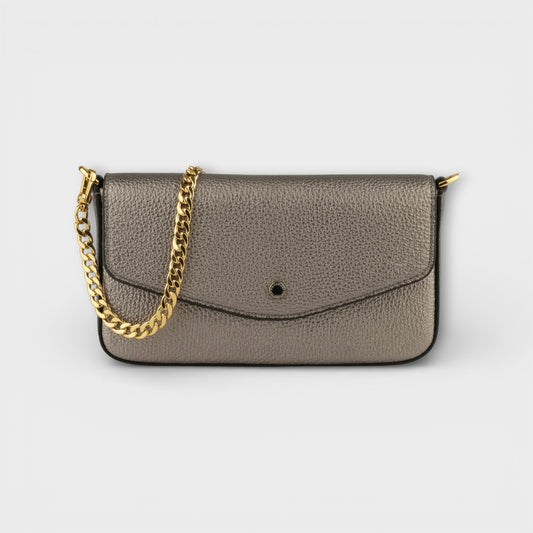 Pourchet Club gunmetal clutch bag in textured leather Gray with a gold chain on a light gray background