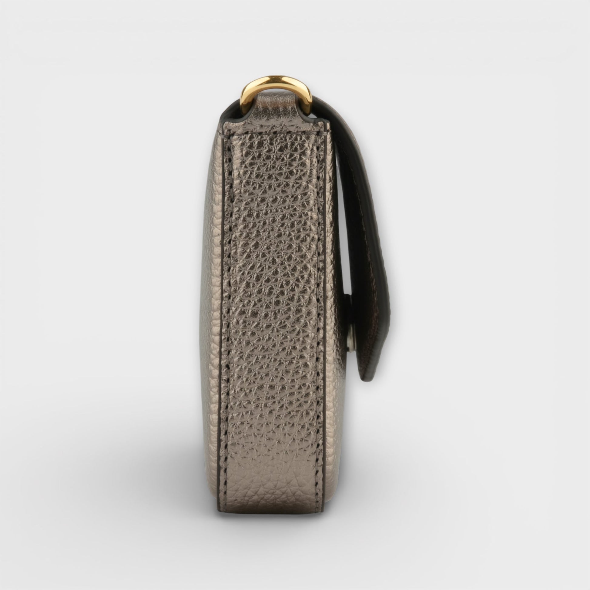 Pourchet Club gunmetal leather clutch,  side view close up shot.