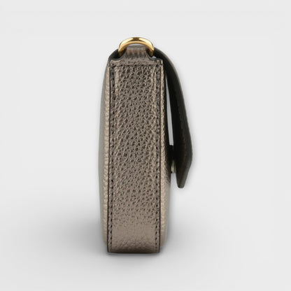 Pourchet Club gunmetal leather clutch,  side view close up shot.