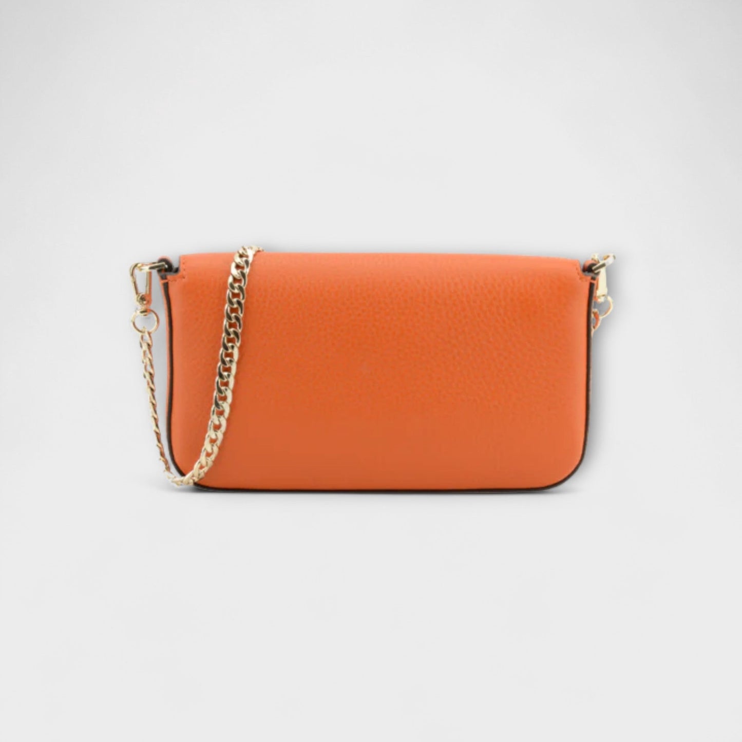 Pourchet Club orange clutch with gold chain strap, back view.
