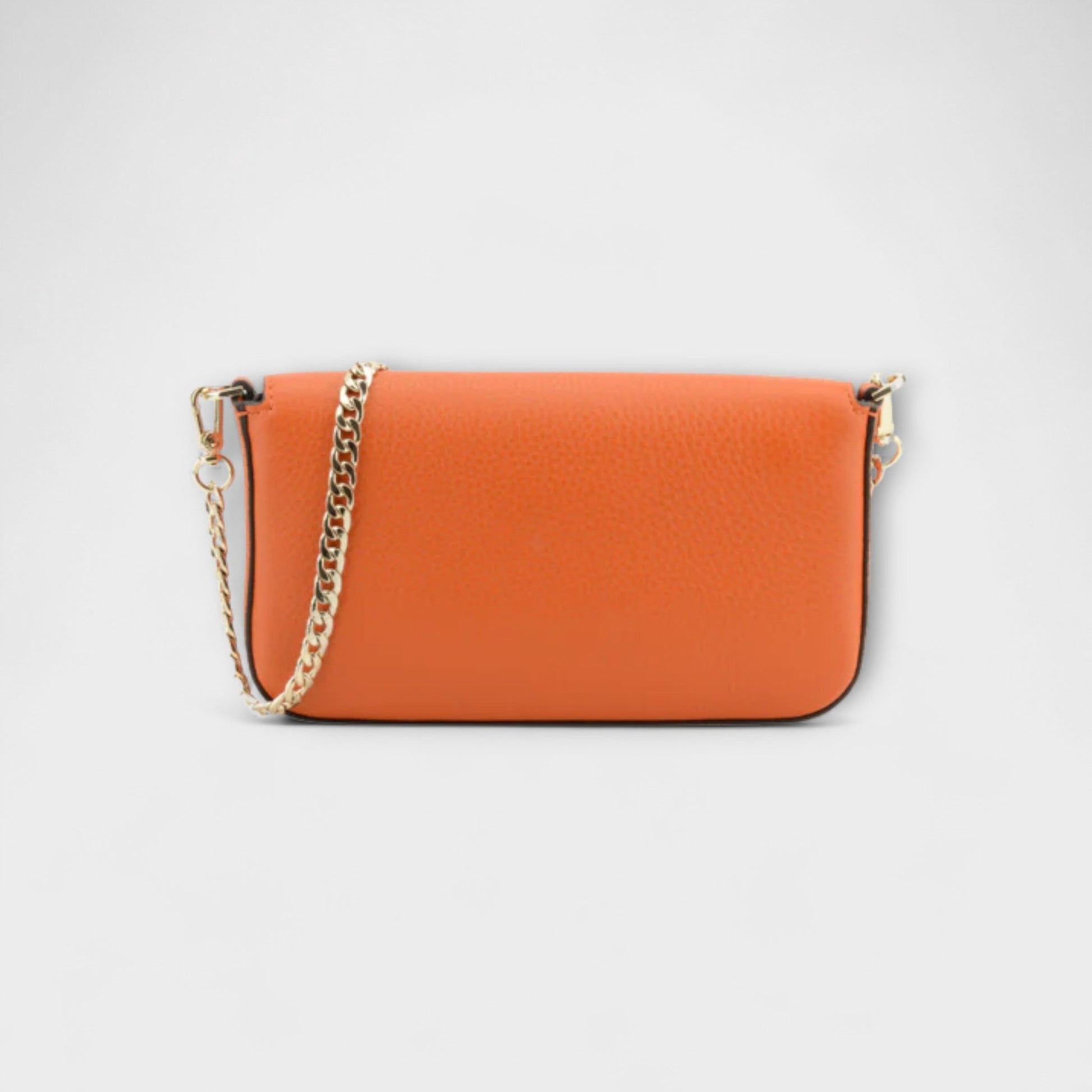 Pourchet Club orange clutch with gold chain strap, back view.