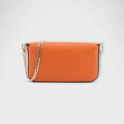 Pourchet Club orange clutch with gold chain strap, back view.