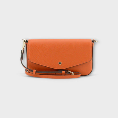Pourchet Club orange clutch bag with leather strap - front view.