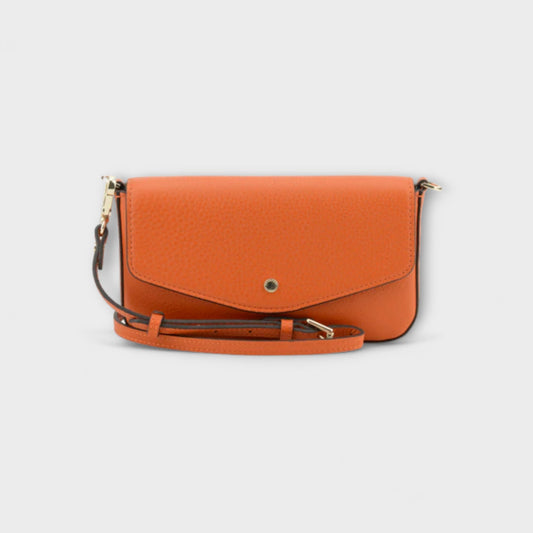 Pourchet Club orange clutch bag with leather strap - front view.