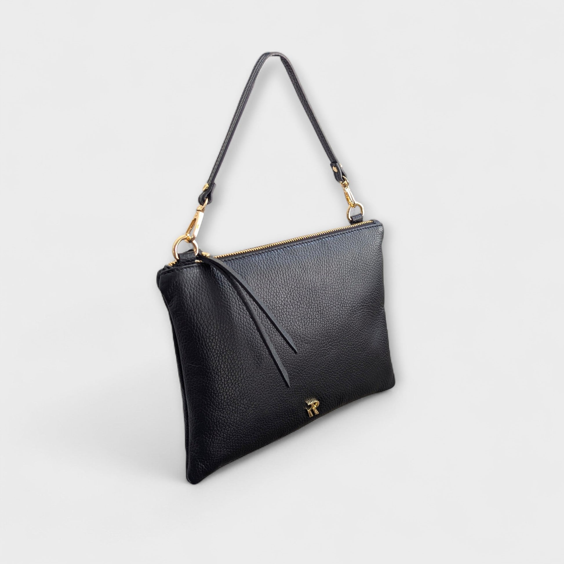 Rossi black pouch with short leather strap on a light gray background