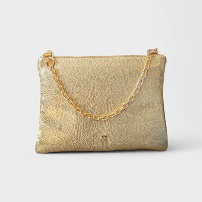 Rossi gold leather pouch with chain strap
