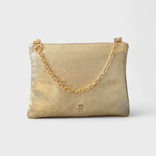 Rossi gold leather pouch with chain strap