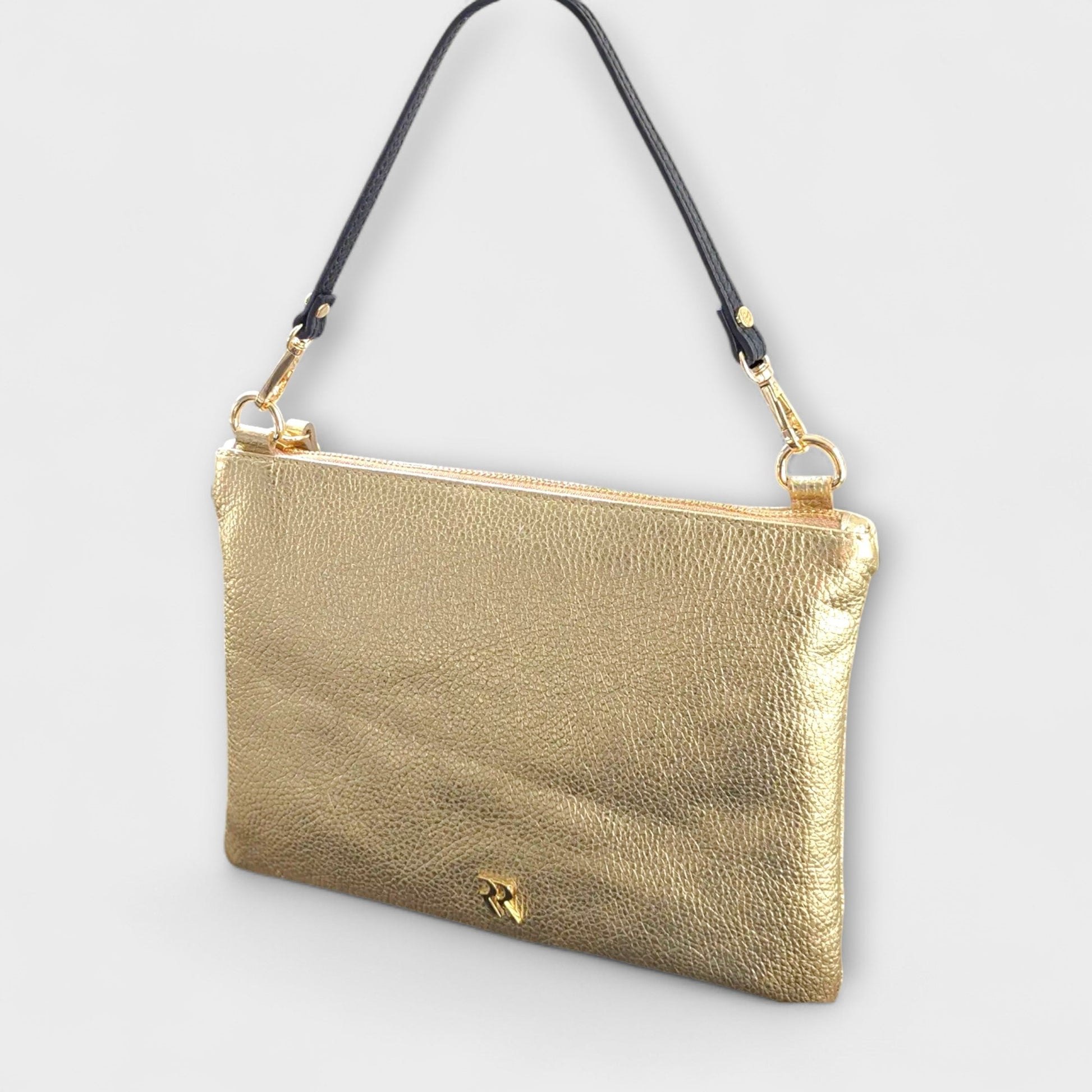 Rossi gold pouch with short black leather strap