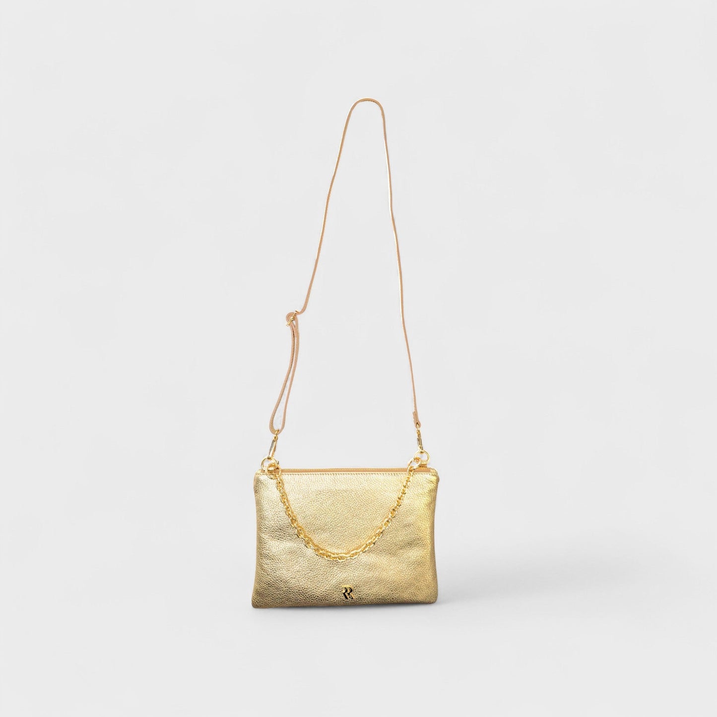 Rossi gold pouch with long leader shoulder strap