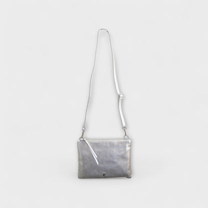 Rossi silver pouch with long leather silver strap - front view