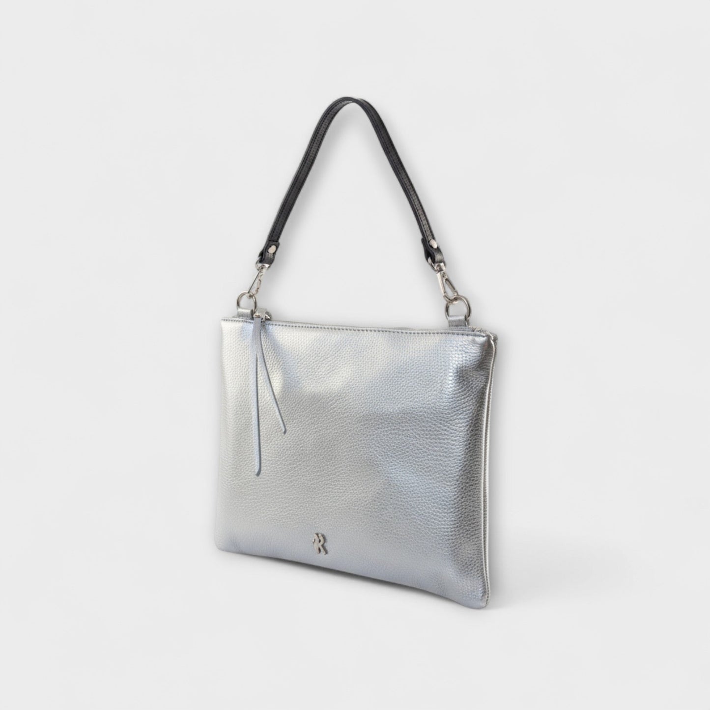 Rossi silver pouch with short black leather strap - front angle view