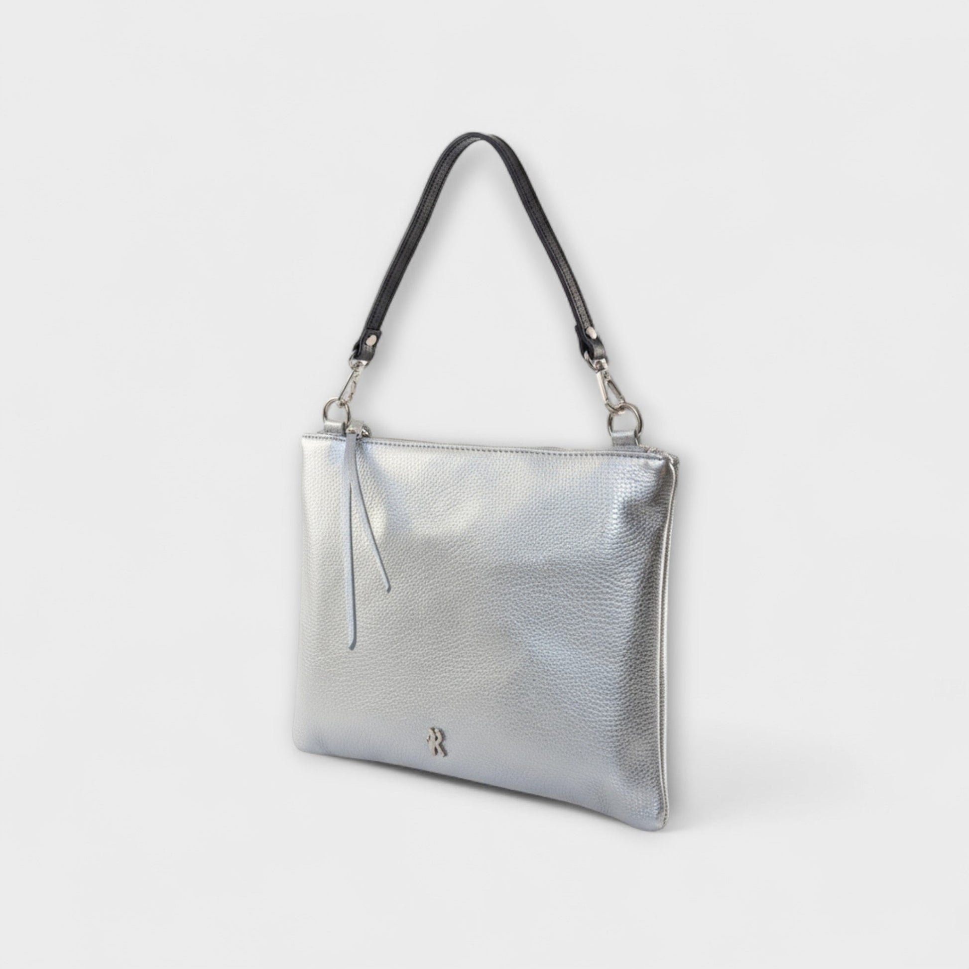 Rossi silver pouch with short black leather strap - front angle view