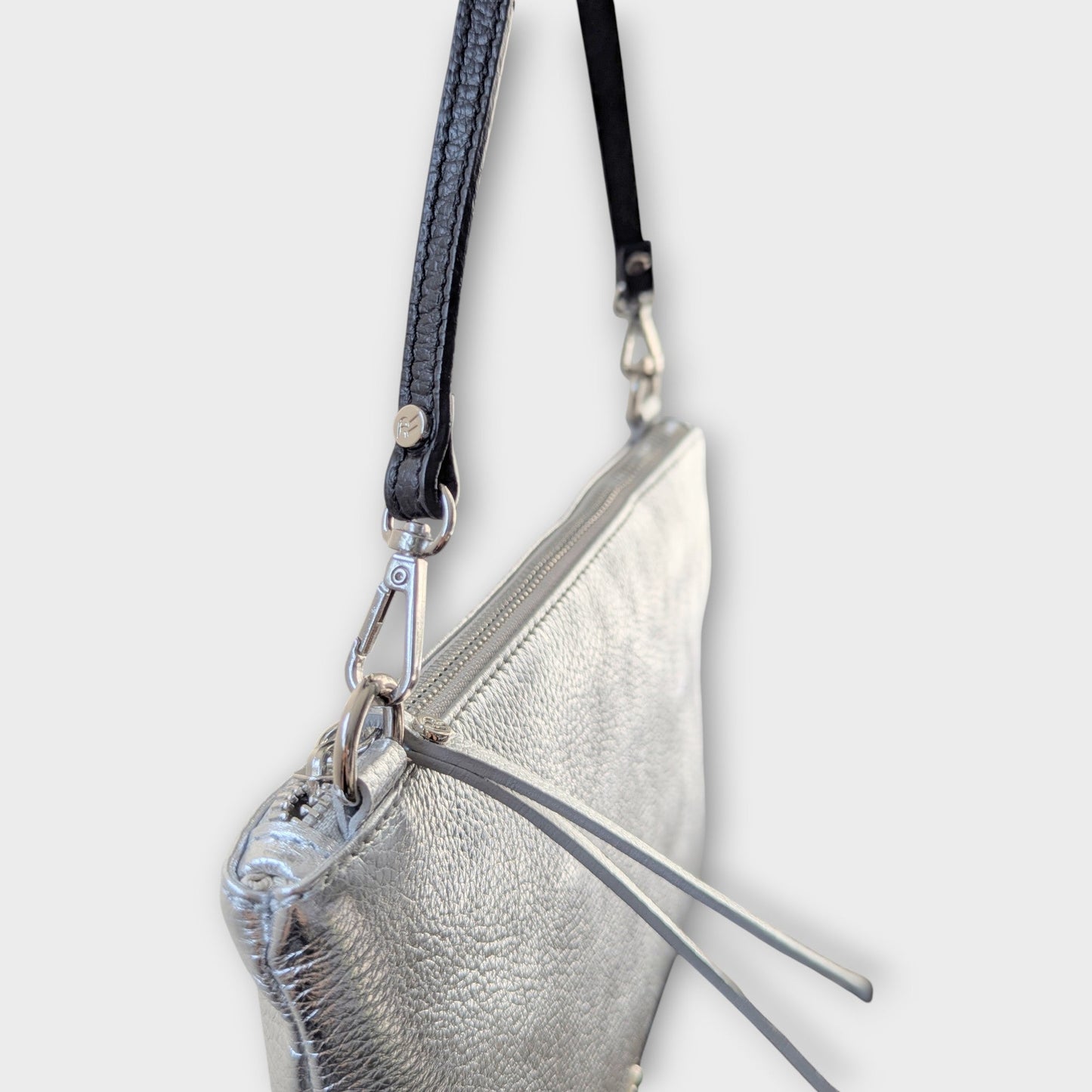 Rossi silver pouch with short black strap - top side angle view