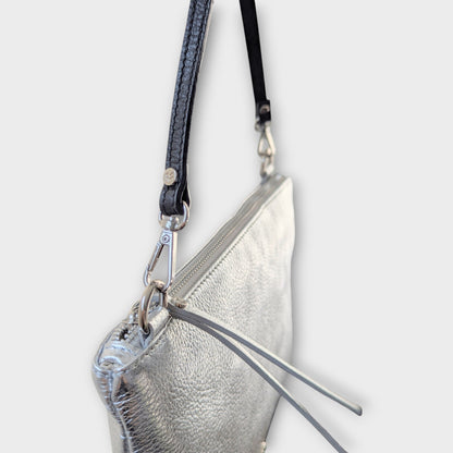 Rossi silver pouch with short black strap - top side angle view