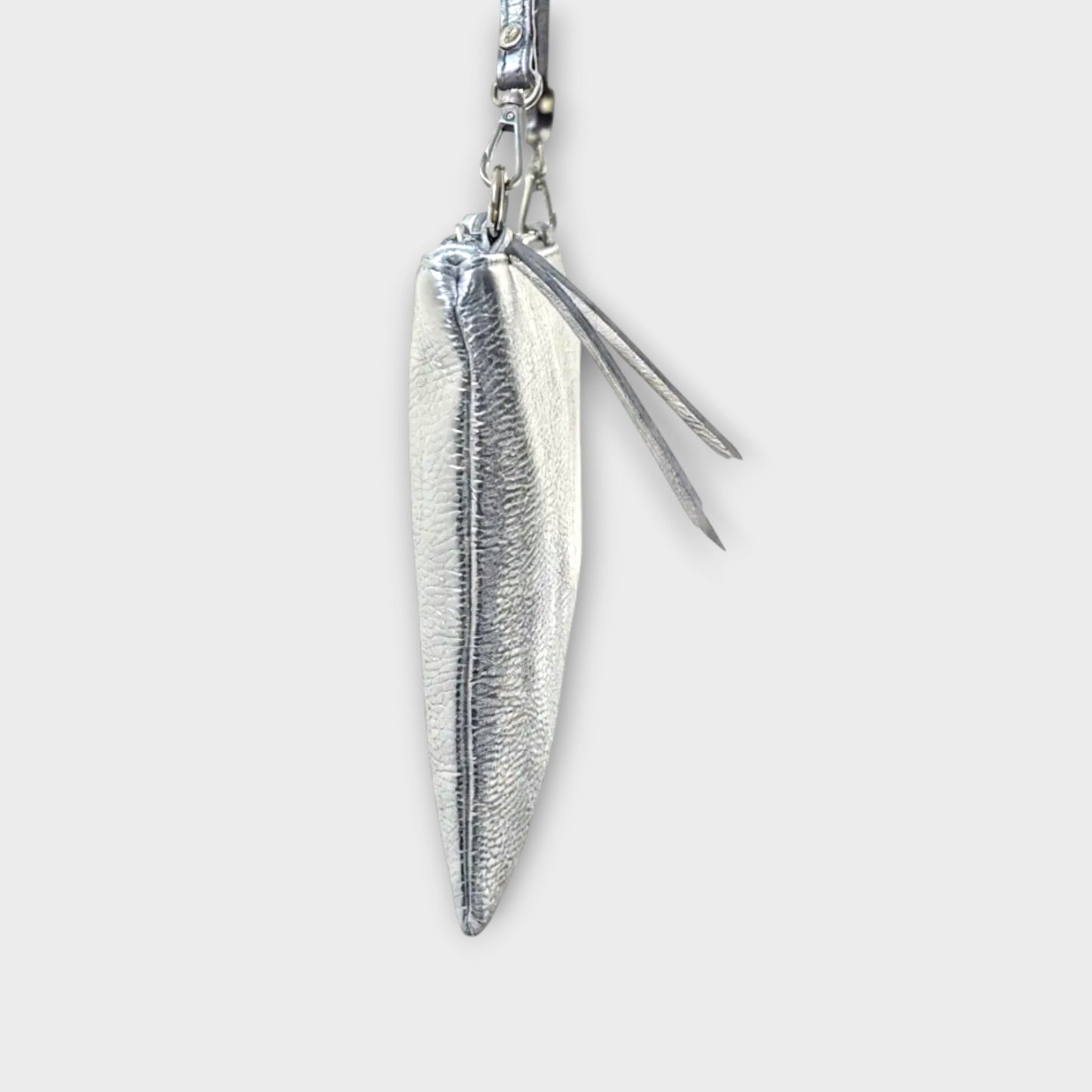 Rossi silver pouch with short black strap - close up side view