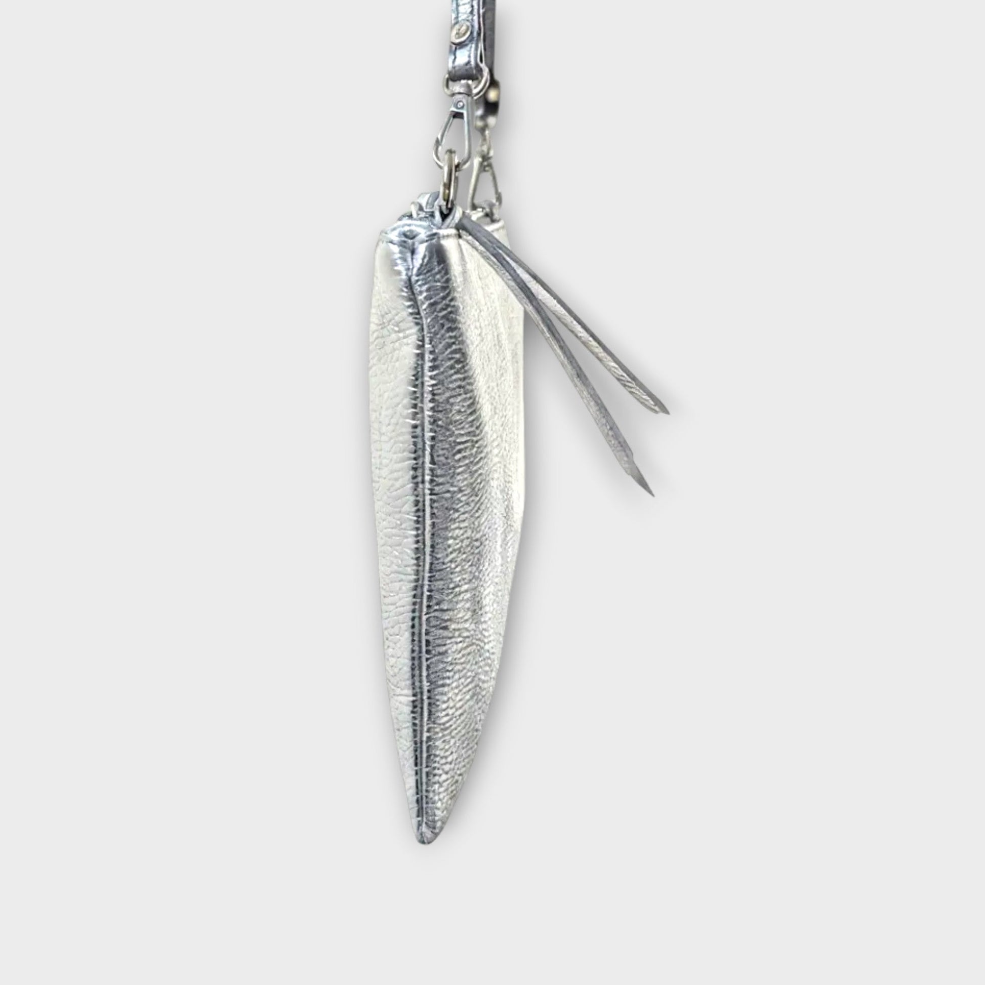 Rossi silver pouch with short black strap - close up side view