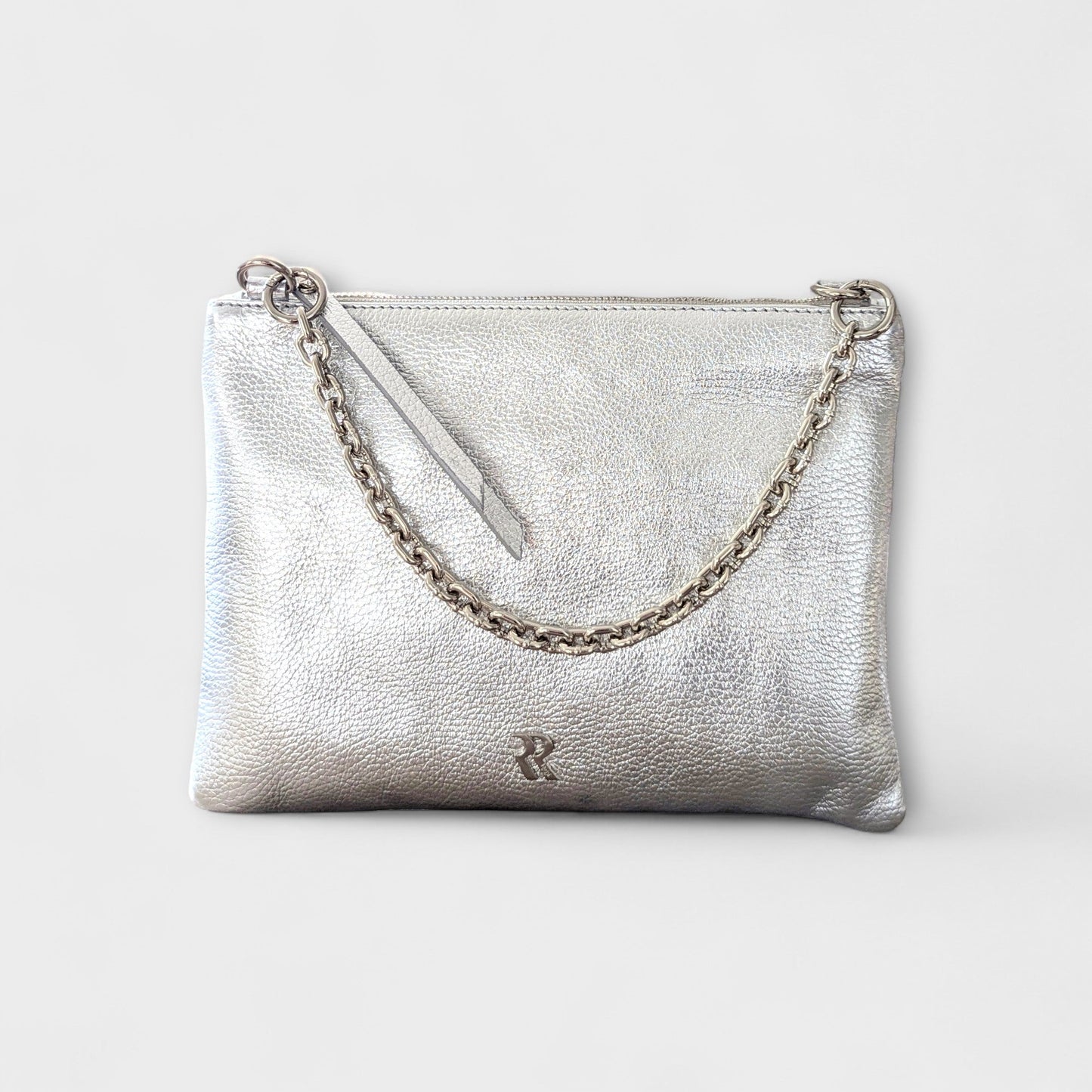 Rossi silver leather pouch with chain strap - front view.