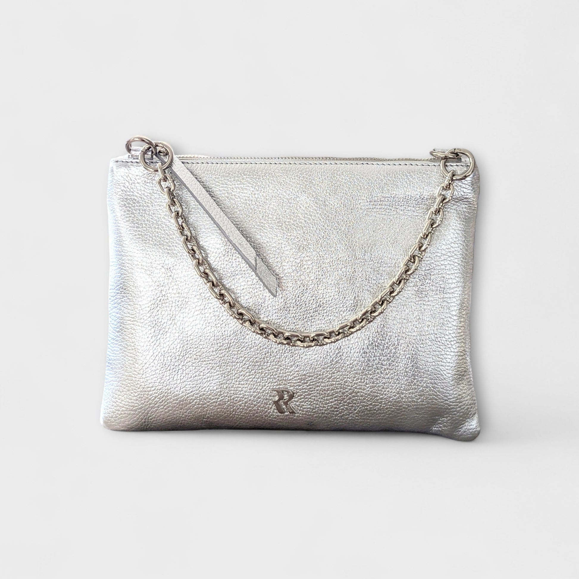 Rossi silver leather pouch with chain strap - front view.