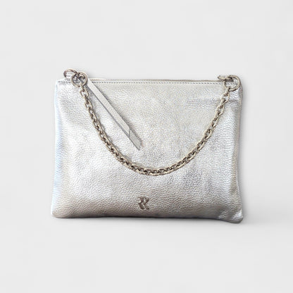 Rossi silver leather pouch with chain strap - front view.
