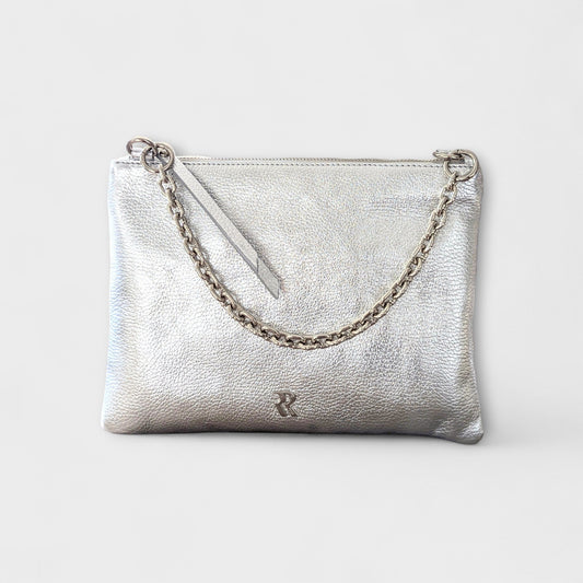 Rossi silver leather pouch with chain strap - front view.